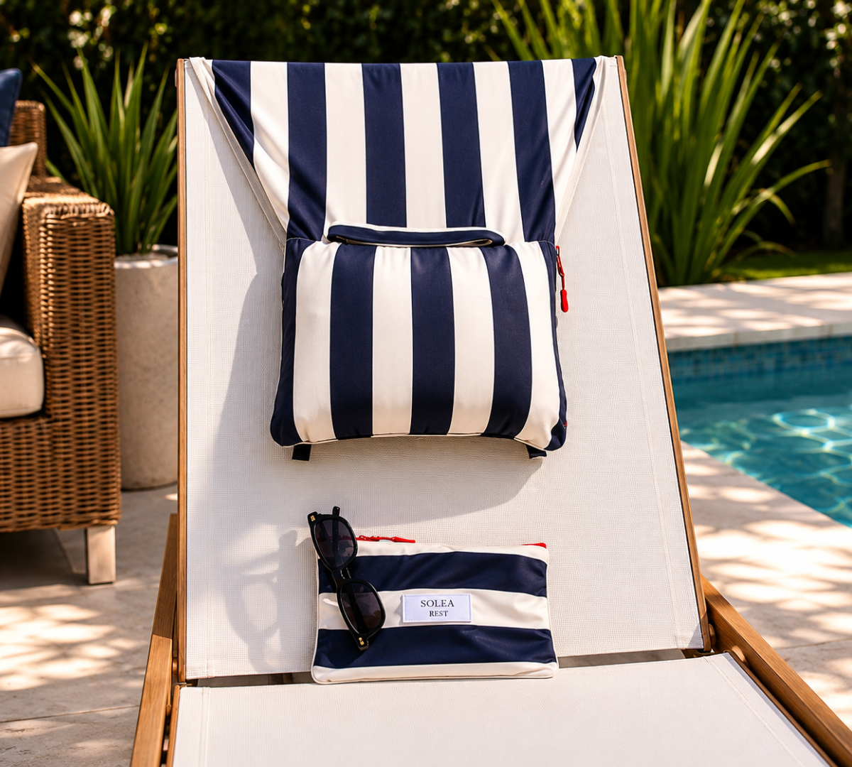 Navy and white striped pillow with bag to cover face from sun on a lounge chair by a poolside